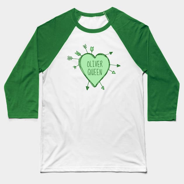 Oliver Queen - Heart with Green Arrows Doodle Baseball T-Shirt by FangirlFuel